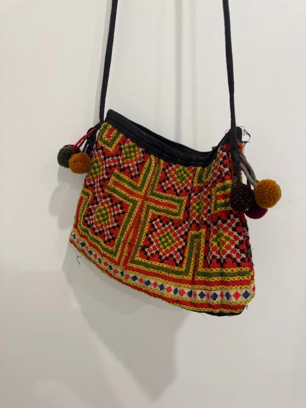 Handcrafted Multicolor Embroidered Crossbody Bag - Black Trim - see all photos
